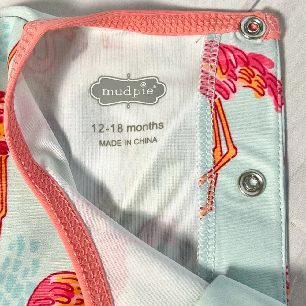 Mud Pie Baby Girls Flamingo One-Piece Rash Guard Swimsuit with Ruffle Butt